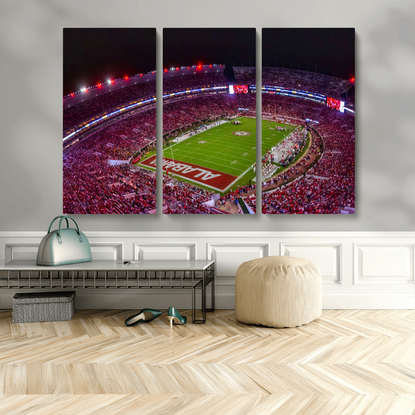 MGV-CV-48X32-3P - Bryant-Denny Stadium Night Game Triple Canvas Wall Art - Alabama Crimson Tide Football Match