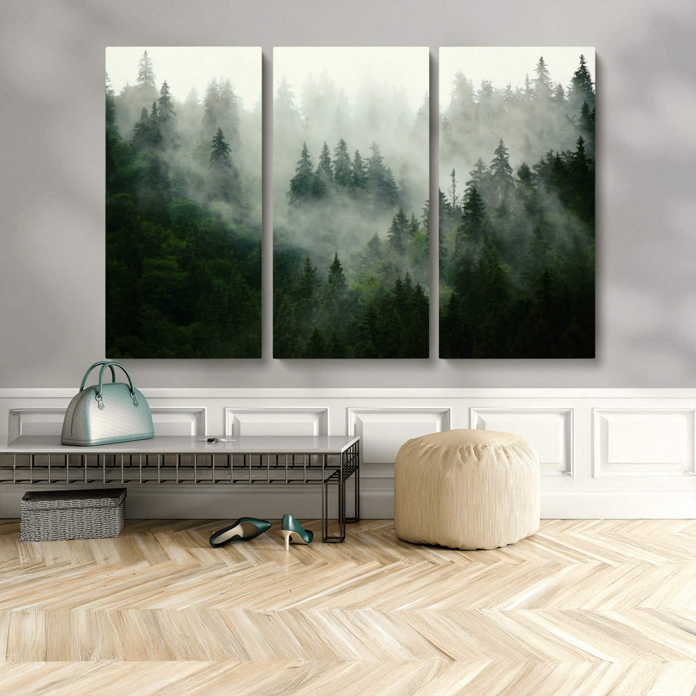 MGV-CV-48X32-3P - Misty Forest Wall Art Canvas Print - Foggy Forest Landscape Canvas Wall Art – Serene Triptych Nature