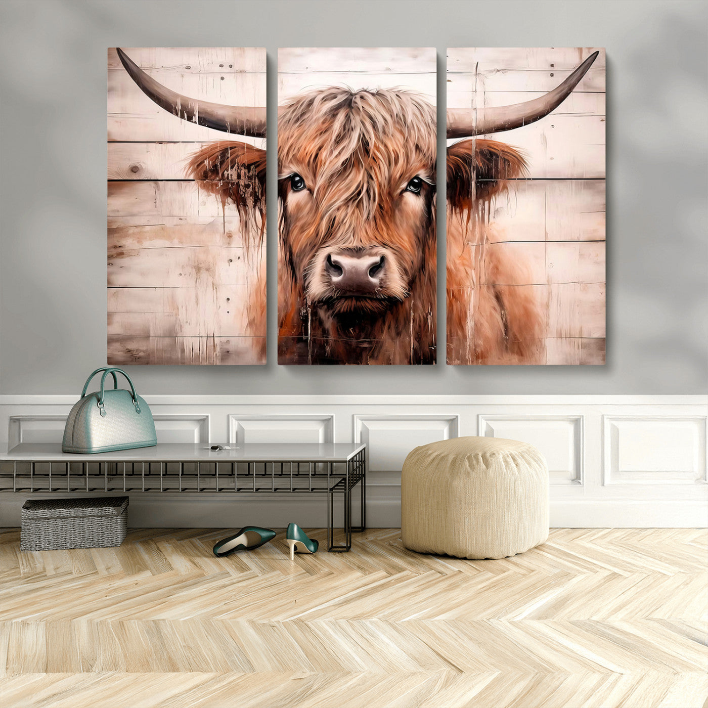 MGV-CV-48X32-3P - Vintage Scottish Highland Cow Cattle Art Print Farmhouse Wall Art Canvas Print
