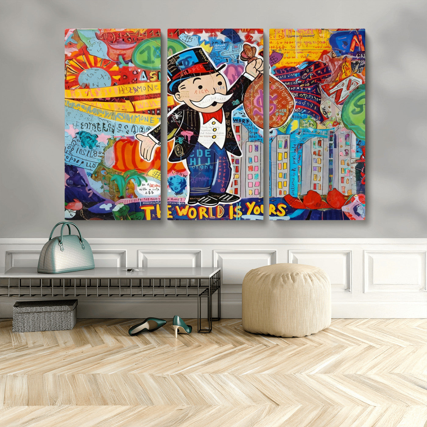 MGV-CV-48X32-3P - Pop Art Monopoly Man Canvas Wall Art Print - Bold and Colorful Street Art-Inspired Decor for Living