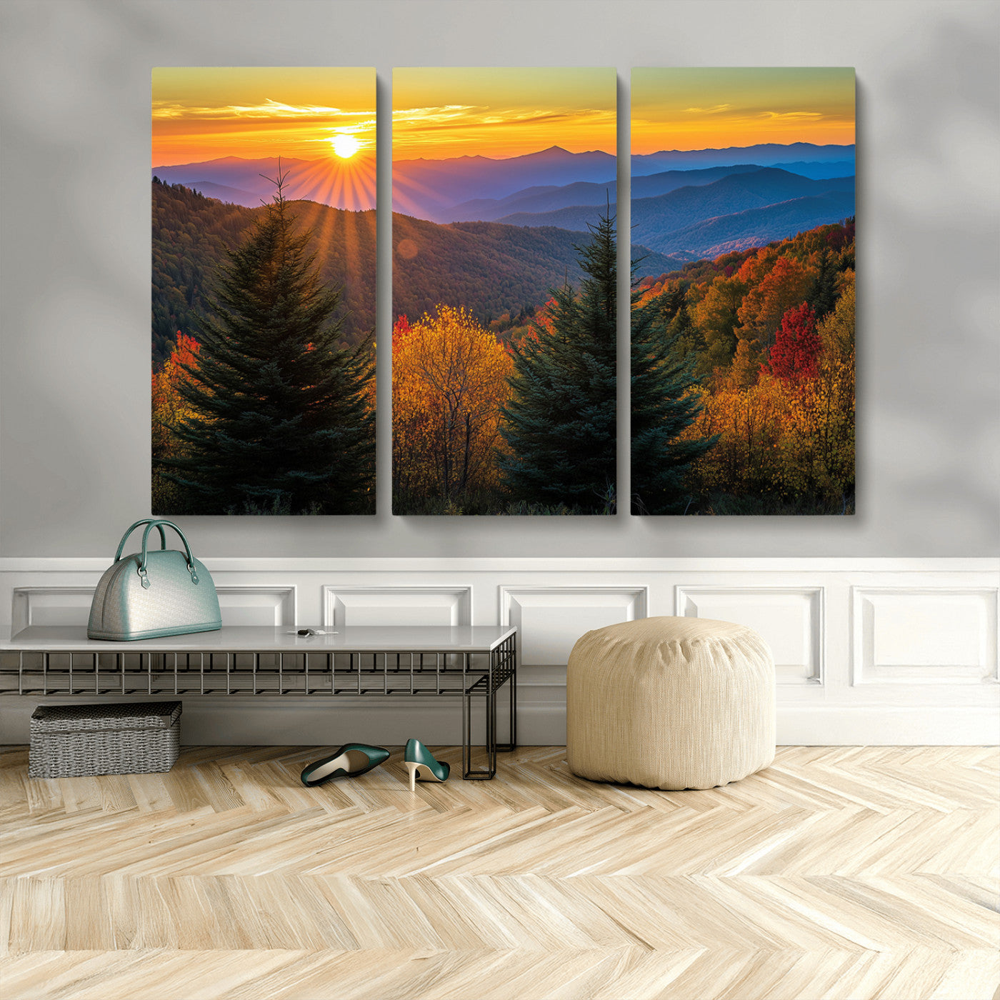 MGV-CV-48X32-3P - Golden Sunset Over Mountain Forest Canvas Wall Art Print - Warm Nature-Inspired Landscape for Living