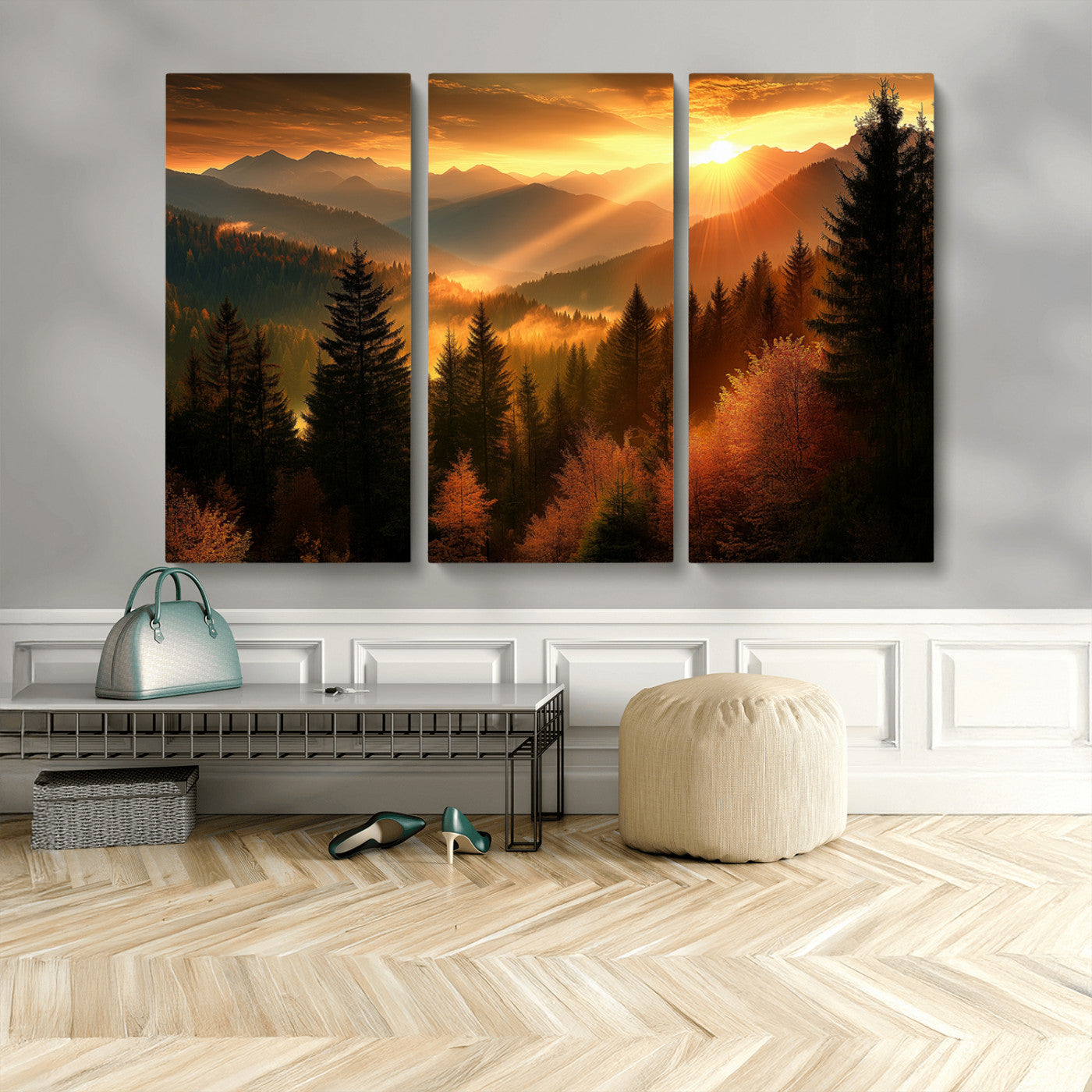MGV-CV-48X32-3P - Golden Sunset Over Mountain Forest Canvas Wall Art Print - Warm Nature Landscape Print