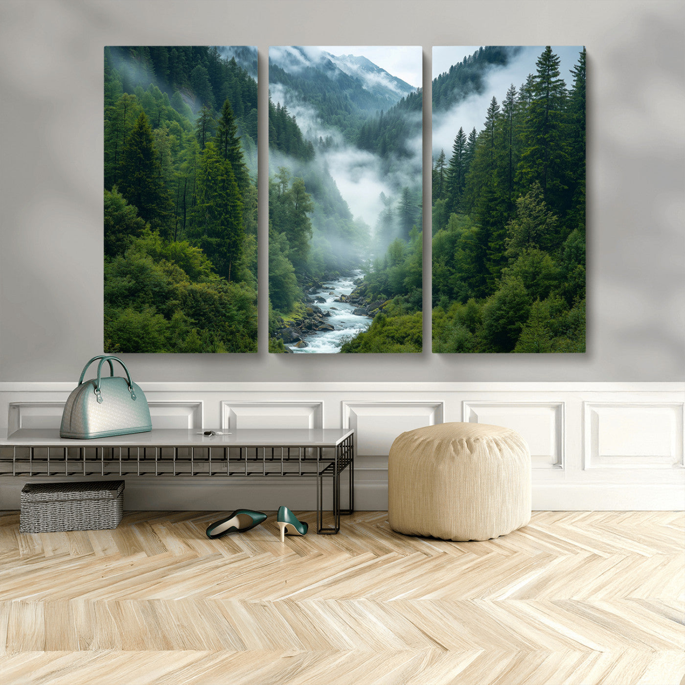 MGV-CV-48X32-3P - Mountain Forest River Canvas Wall Art Print - Serene Nature Landscape for Living Room, Office, or