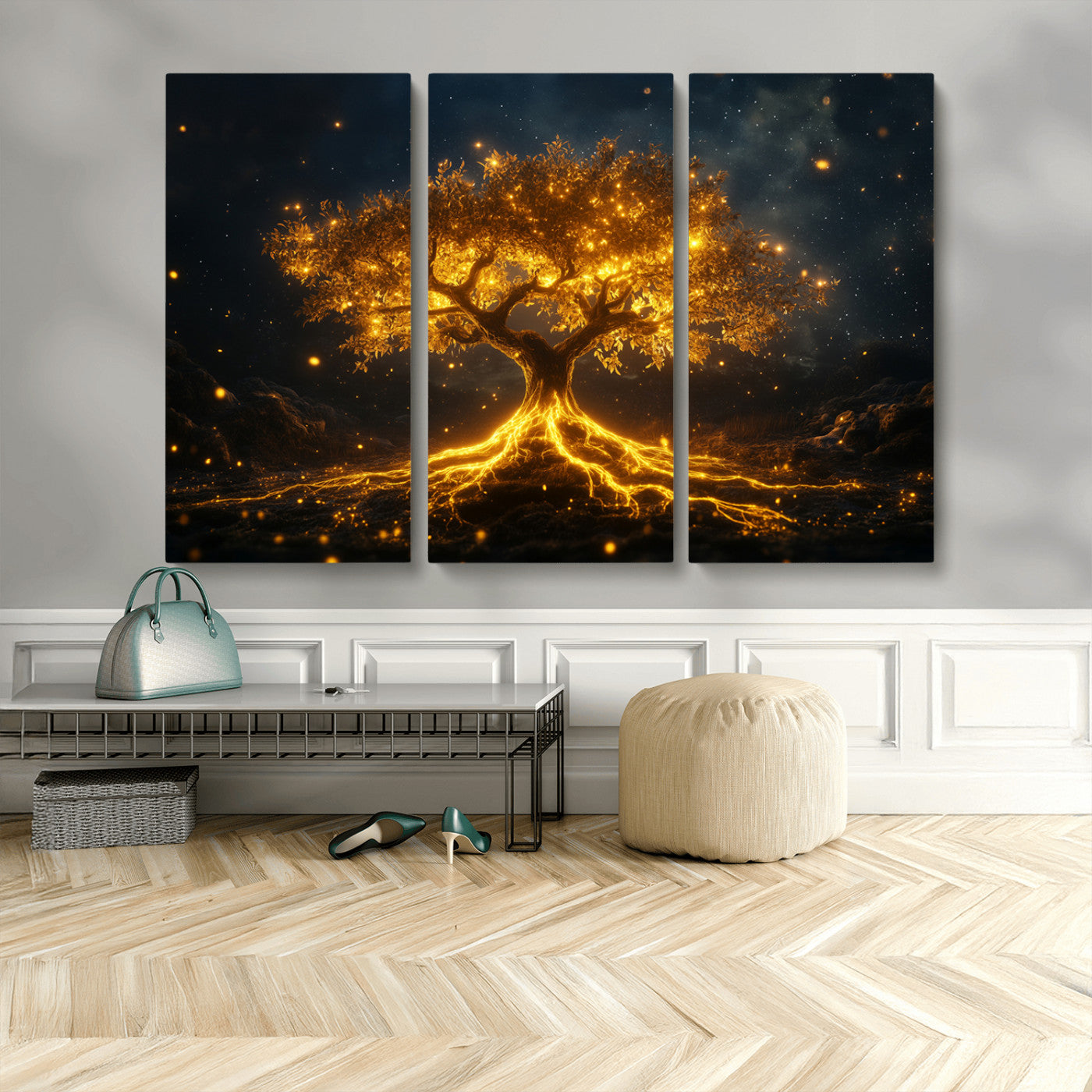 MGV-CV-48X32-3P - Golden Tree of Life Canvas Wall Art Print - Majestic Glowing Tree Design for Living Room, Office, or