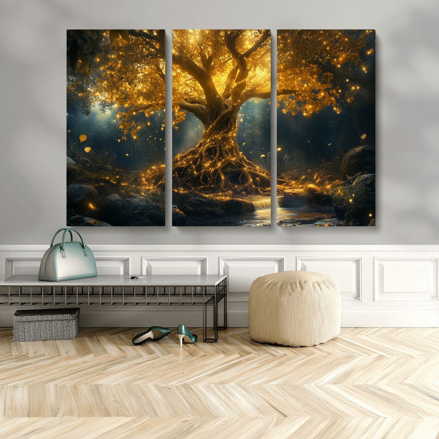 MGV-CV-48X32-3P - Golden Tree of Life Canvas Wall Art Print - Majestic Glowing Tree Wall Art Print