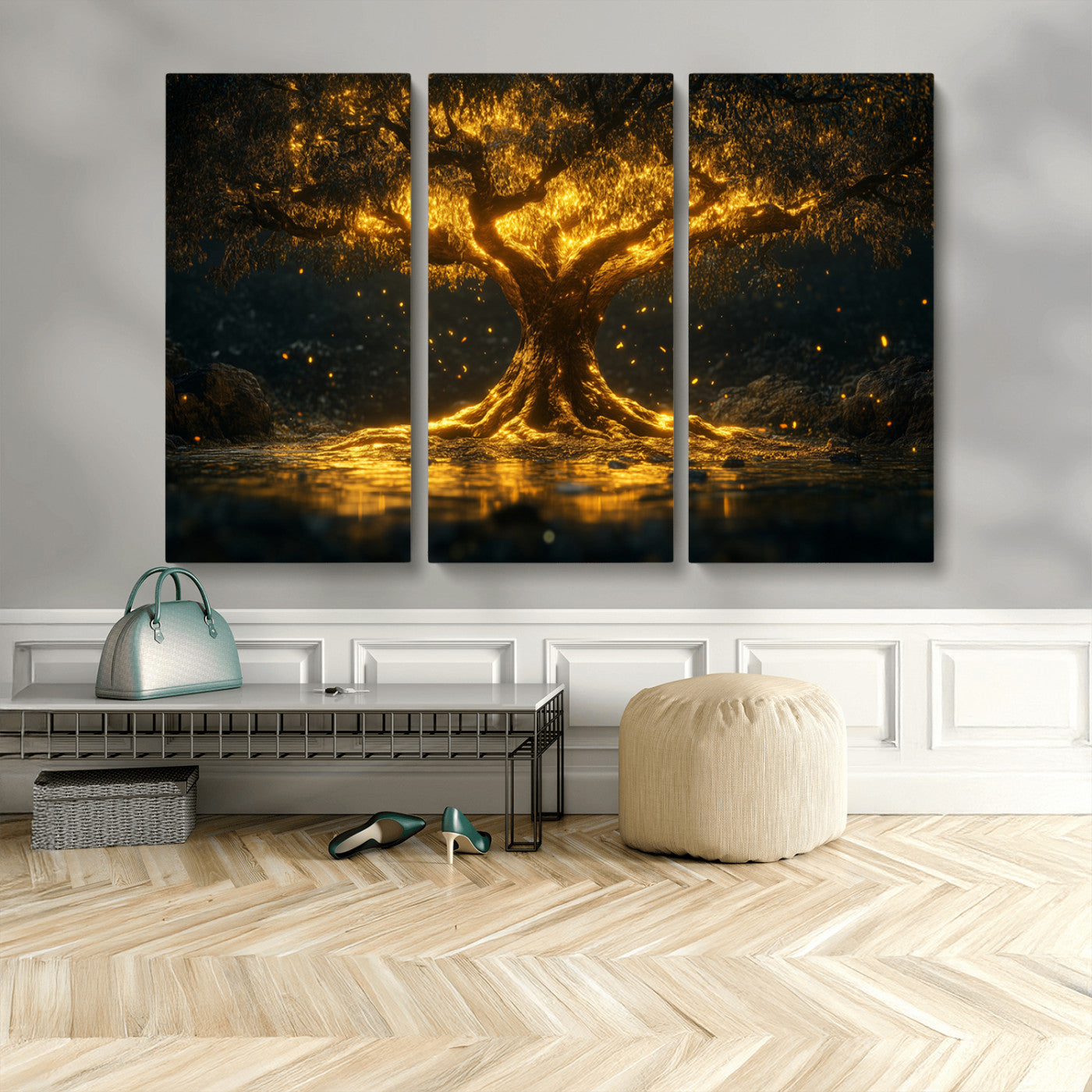 MGV-CV-48X32-3P - Golden Tree of Life Canvas Wall Art Print - Majestic Glowing Tree Wall Art Print
