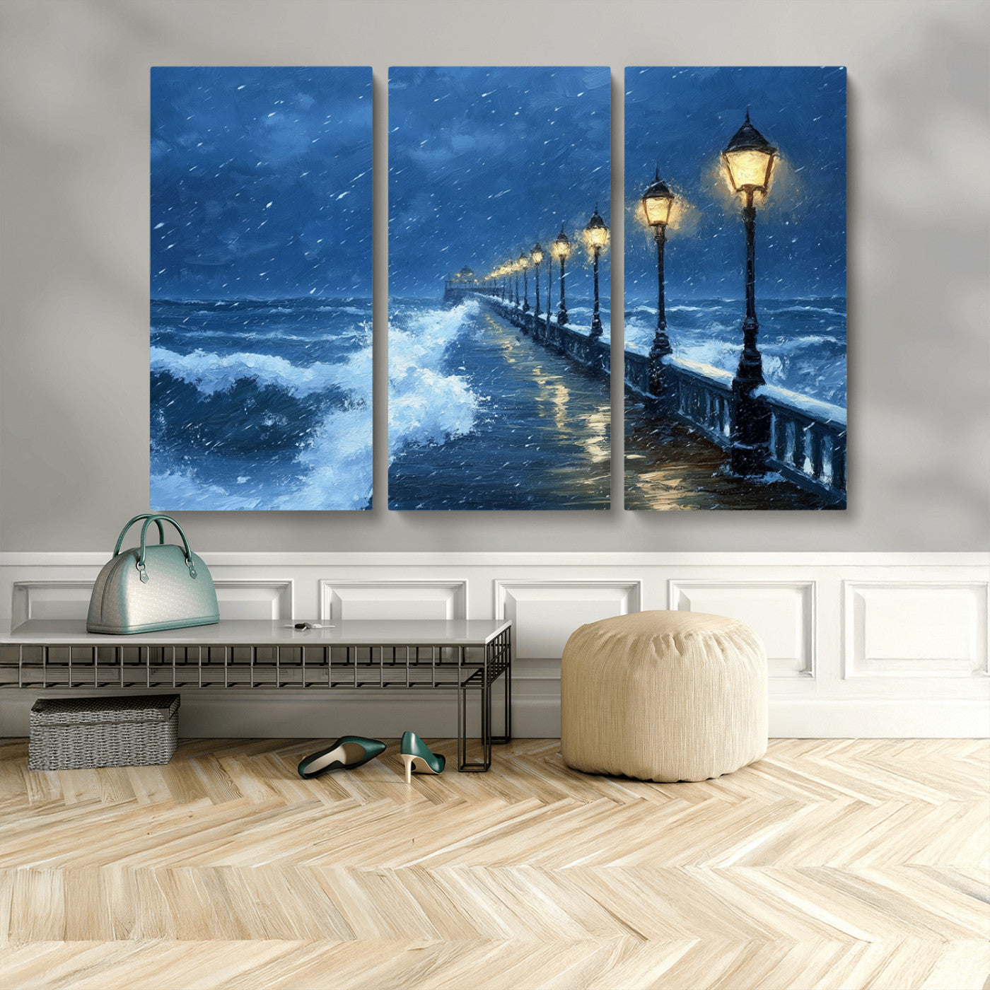 MGV-CV-48X32-3P - Stormy Ocean Pier Lights Canvas Wall Art Print - Large Moody Night Scene for Living Room, or Office,