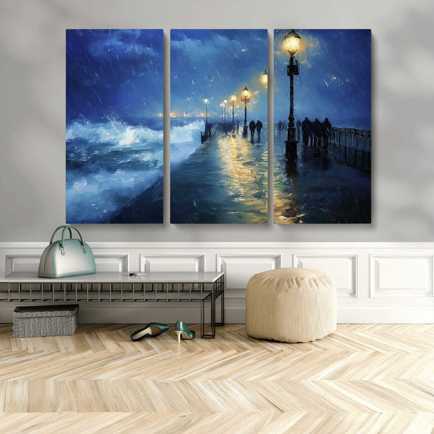 MGV-CV-48X32-3P - Abstract Stormy Ocean Pier Canvas Wall Art Print | Stormy Ocean Art | Large Moody Night Scene Print,