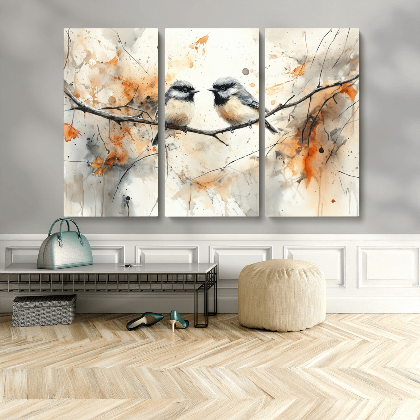 MGV-CV-48X32-3P - Abstract Watercolor Chickadee Bird Canvas Wall Art Print - Large Bird and Branch Wall Art, Modern