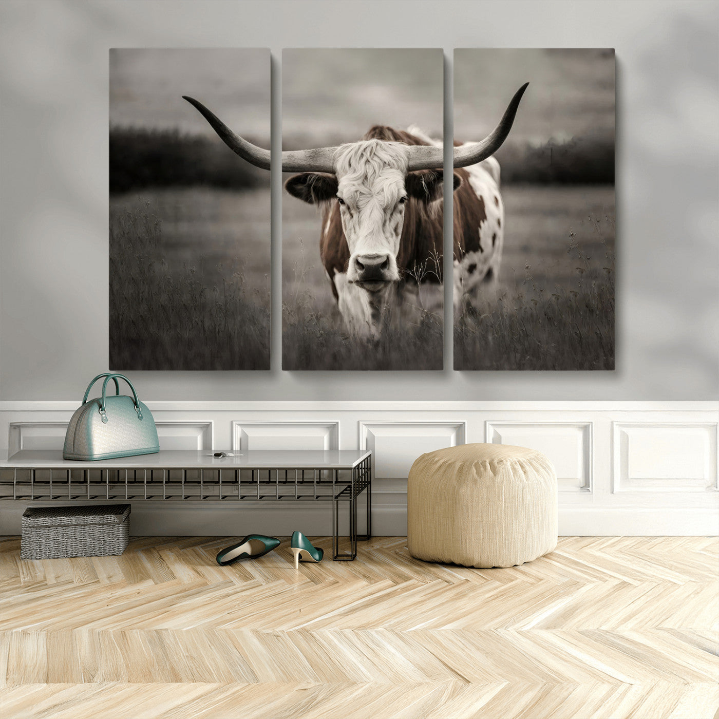 MGV-CV-48X32-3P - Texas Longhorn Cow Canvas Wall Art Print - Large Rustic Longhorn Art for Living Room, Western Wall