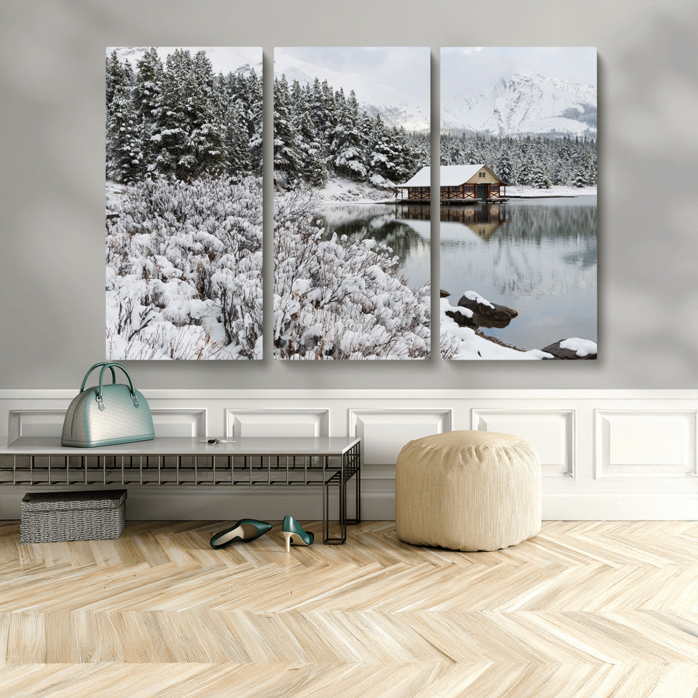 MGV-CV-48X32-3P - Winter Wall Art - Cabin by the Lake Canvas Wall Art - Serene Snowy Landscape with Mountain View,