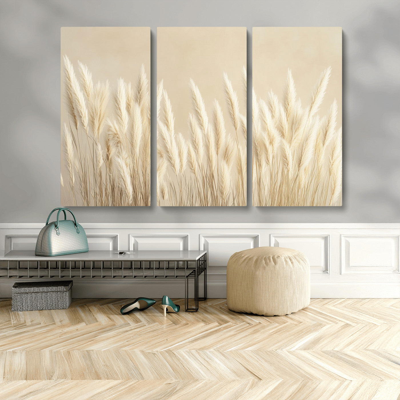 MGV-CV-48X32-3P - Grass Wall Art Print - Elegant Neutral Decor for Living Room, Boho Minimalist Artwork, Ready to Hang