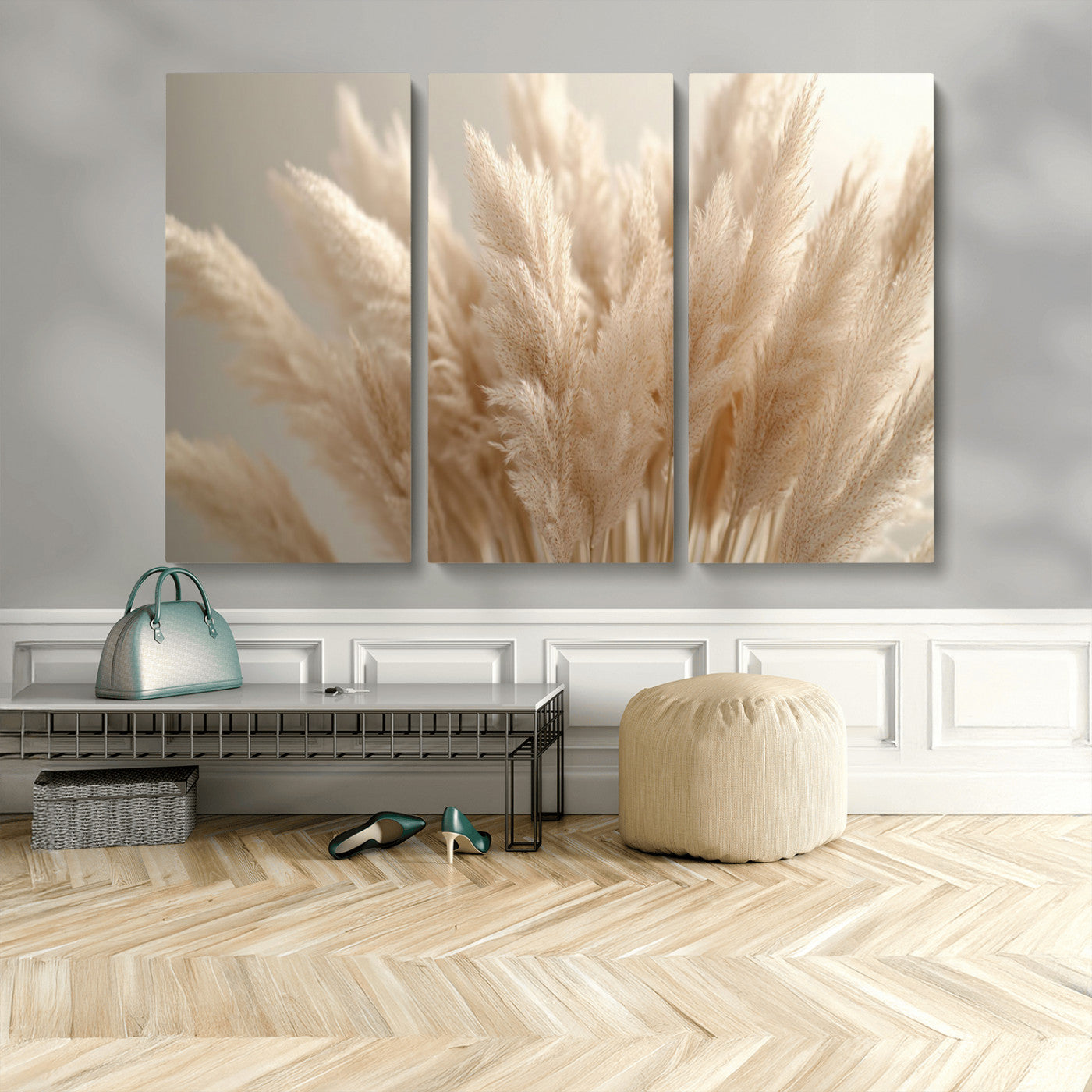 MGV-CV-48X32-3P - Pampas Grass Canvas Wall Art - Elegant Neutral Decor for Living Room, Boho Minimalist Artwork, Ready