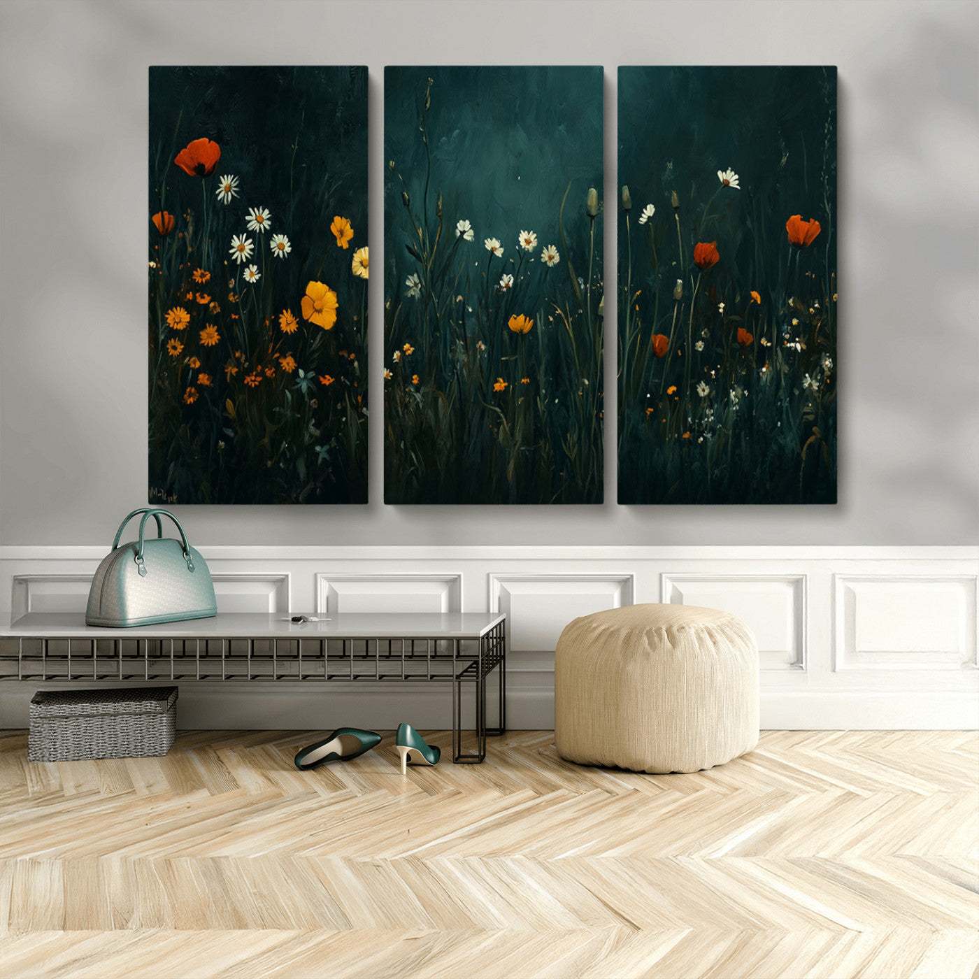MGV-CV-48X32-3P - Framed Wildflower Field Wall Art, Framed Vintage Botanical Landscape Sign, Floral Decor, Modern