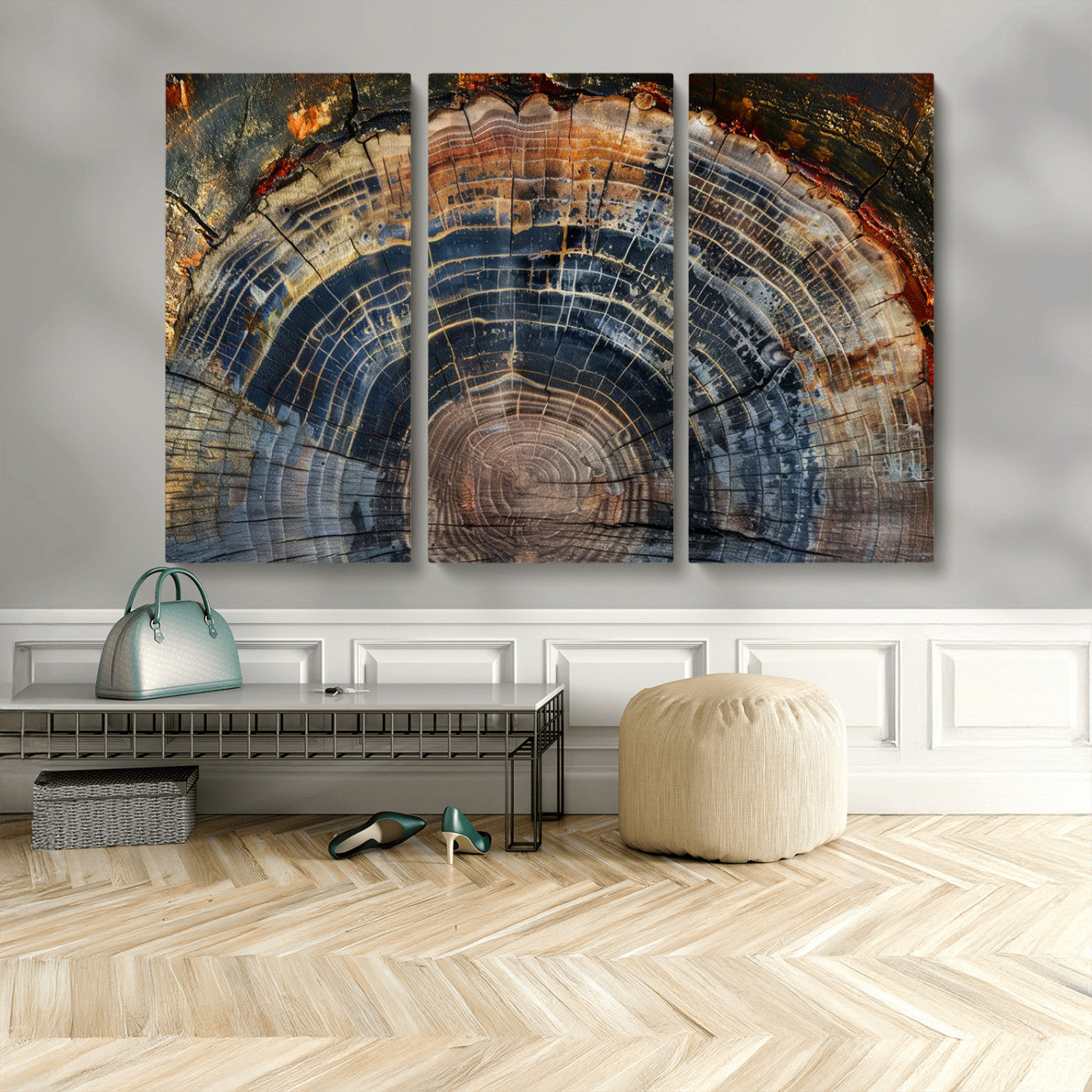 MGV-CV-48X32-3P - Framed Tree Ring Wall Art - Abstract Colorful Tree Ring Wall Decor, Minimalist Home Canvas Art,