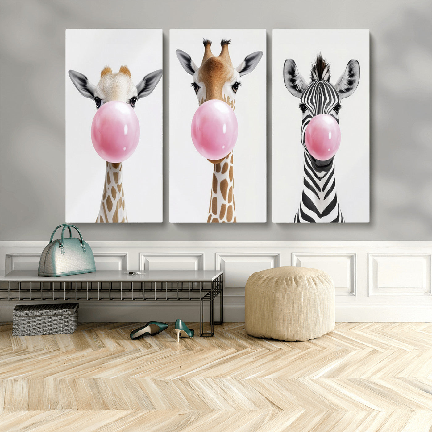 MGV-CV-48X32-3P - Bubblegum Animals Canvas Wall Art - Playful Giraffe and Zebra Trio, Fun Nursery Decor for Kids'