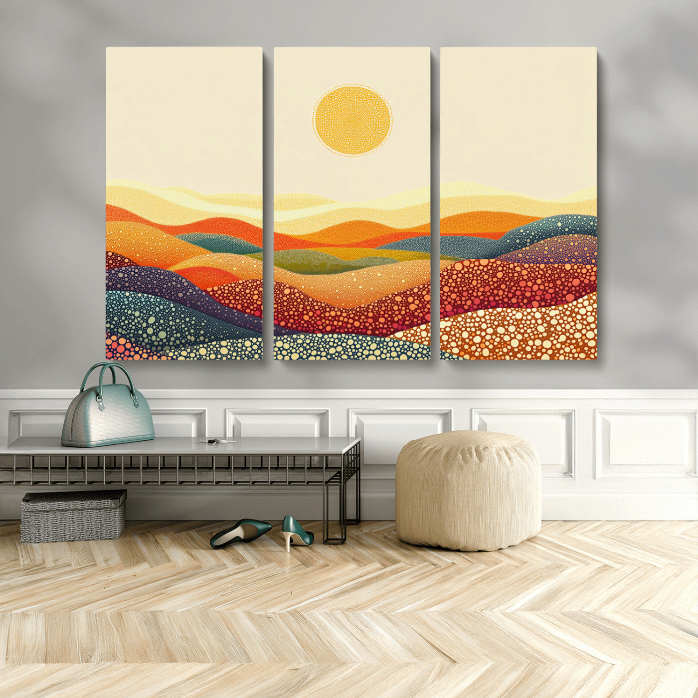 MGV-CV-48X32-3P - YAYOI KUSAMA Colorful Dot Art Landscape Canvas - Framed Abstract Pointillism Inspired by Nature with