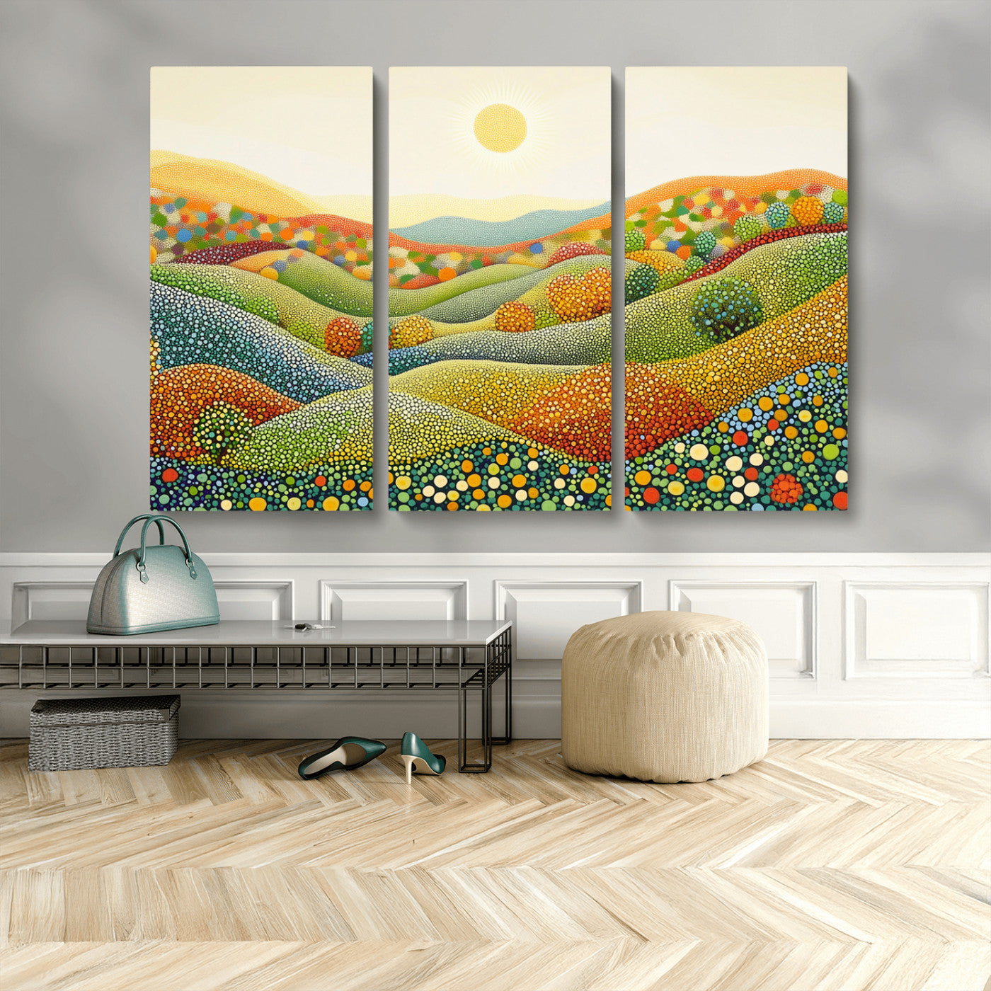 MGV-CV-48X32-3P - YAYOI KUSAMA Wall Art - Colorful Dot Art Landscape Canvas, Framed Japanese Dot Art