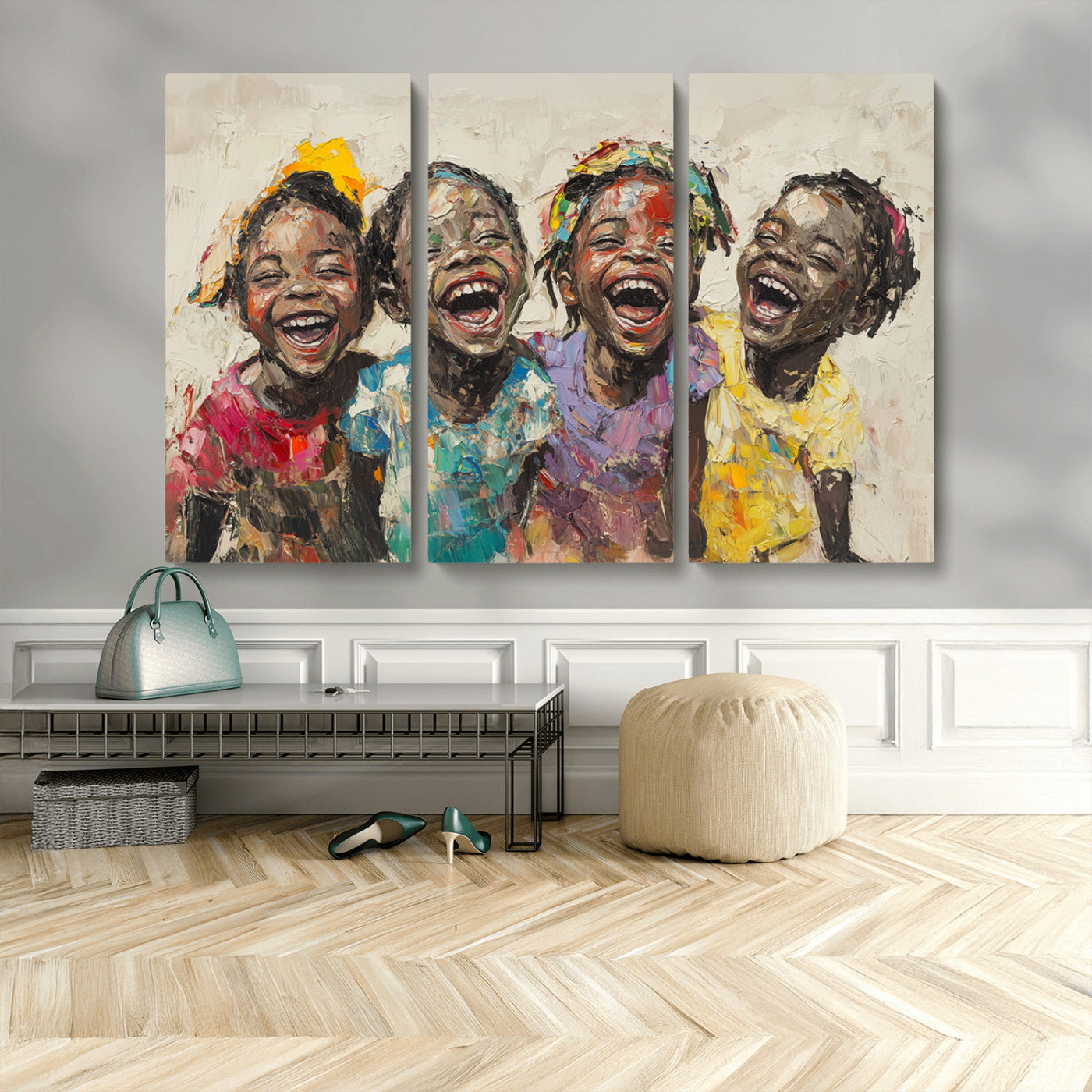 MGV-CV-48X32-3P - Shai Yossef style Joyful Childhood Canvas Wall Art - Expressive Impasto Painting of Black Children
