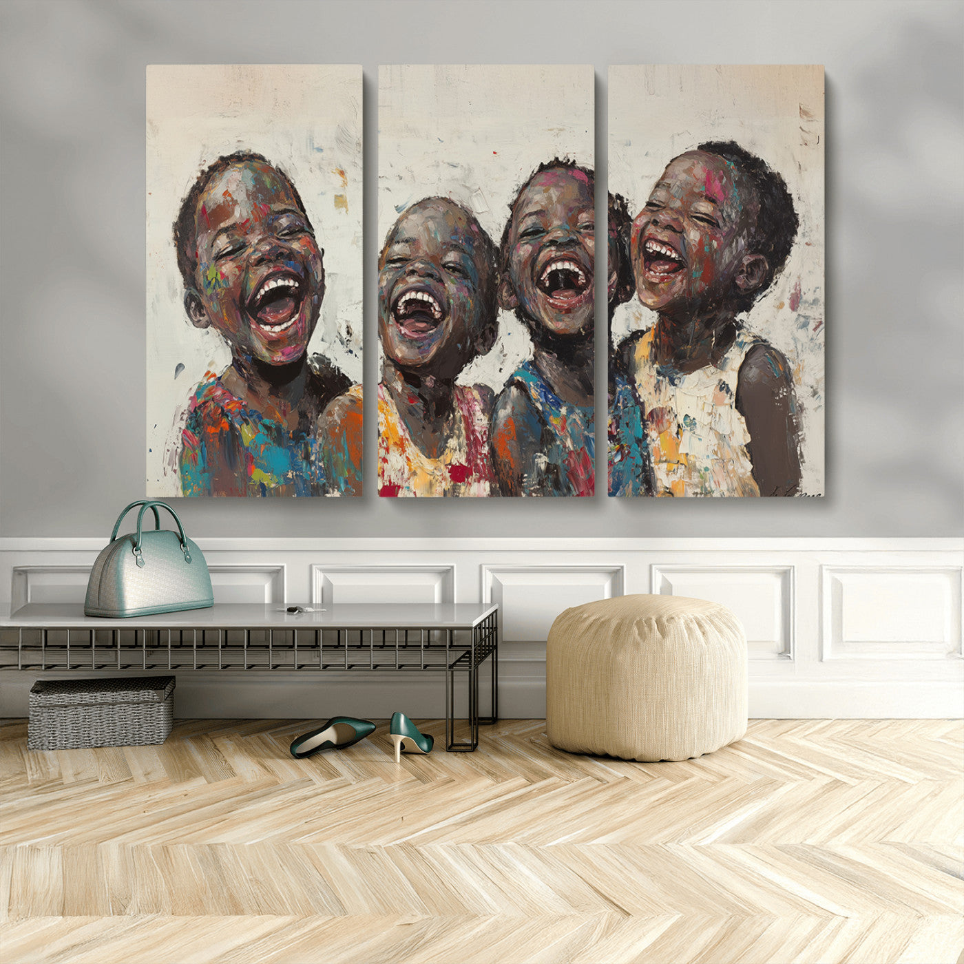 85256-MGV-CV-48X32-3P-Shai Yossef Print - Joyful Childhood Canvas Wall Art - Expressive Impasto Painting of Laughing