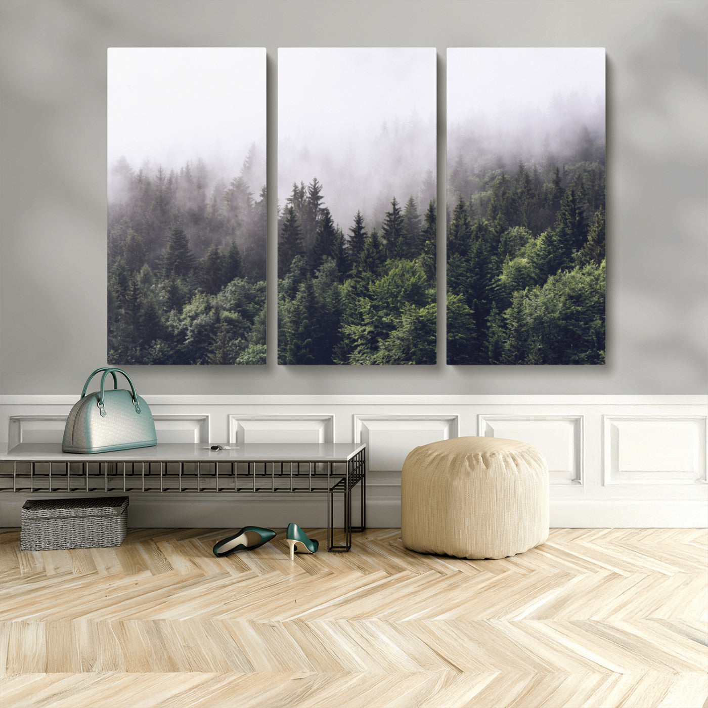 MGV-CV-48X32-3P - Misty Forest Wall Art | Foggy Forest Canvas Print | Large Nature-Inspired Misty Tree Landscape for