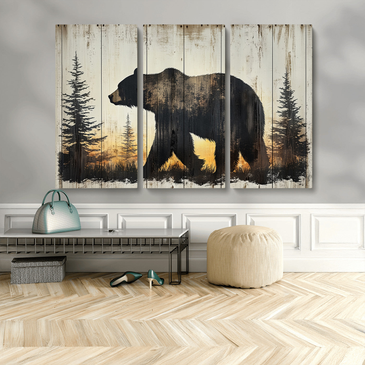 83875-MGV-CV-48X32-3P-Vintage Bear Wall Art Canvas Print for Farmhouse - Mountain Wood Canvas Wall Art - Forest Silhouette