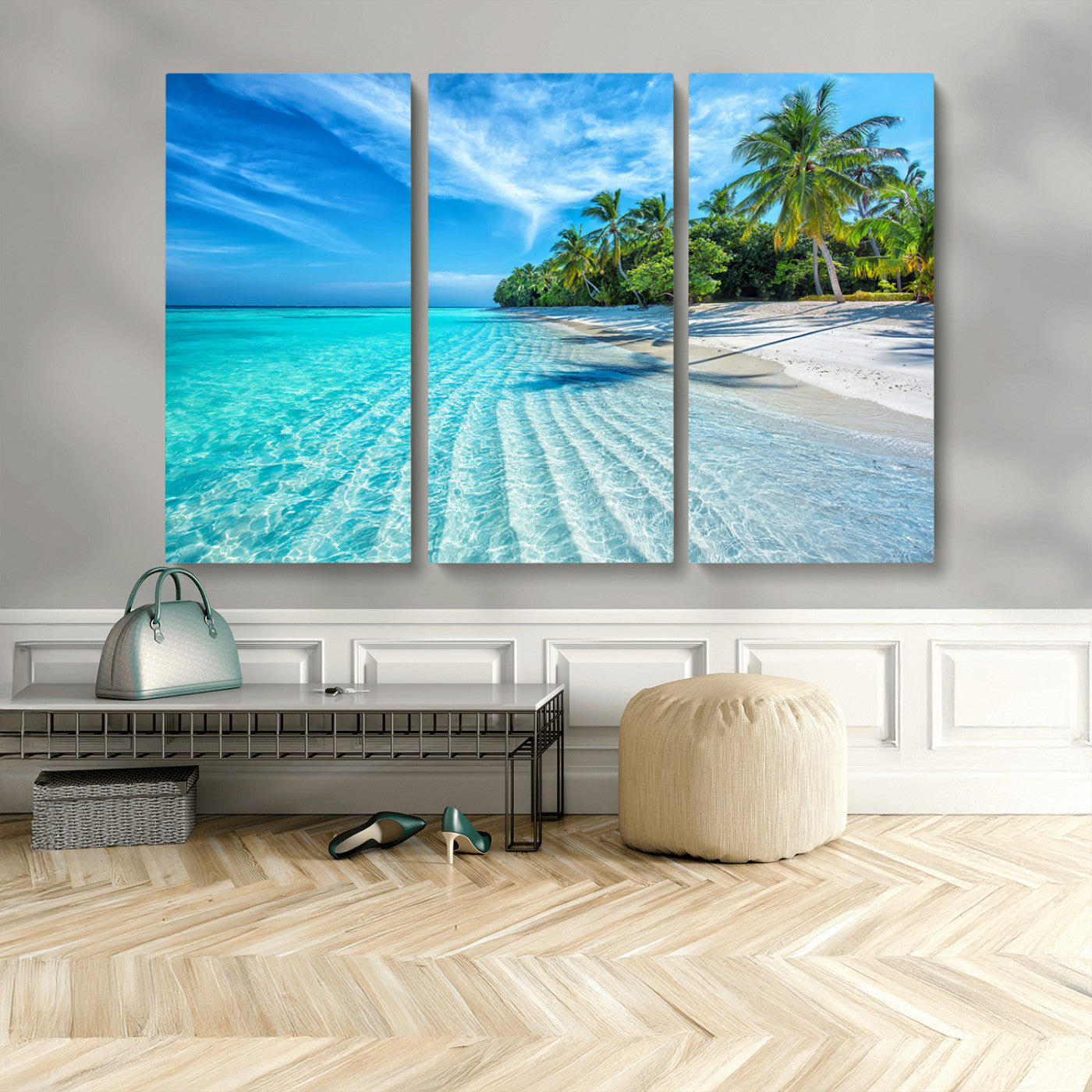 MGV-CV-48X32-3P - Tropical Beach Wall Art Canvas Print - Serene Ocean Landscape with Crystal Clear Turquoise Water and