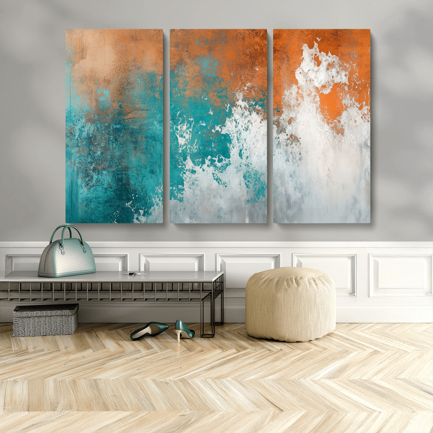 MGV-CV-48X32-3P - Vintage Abstract Print - Bold Teal and Orange Canvas Wall Art - Retro-Vintage Abstract Orange Canvas