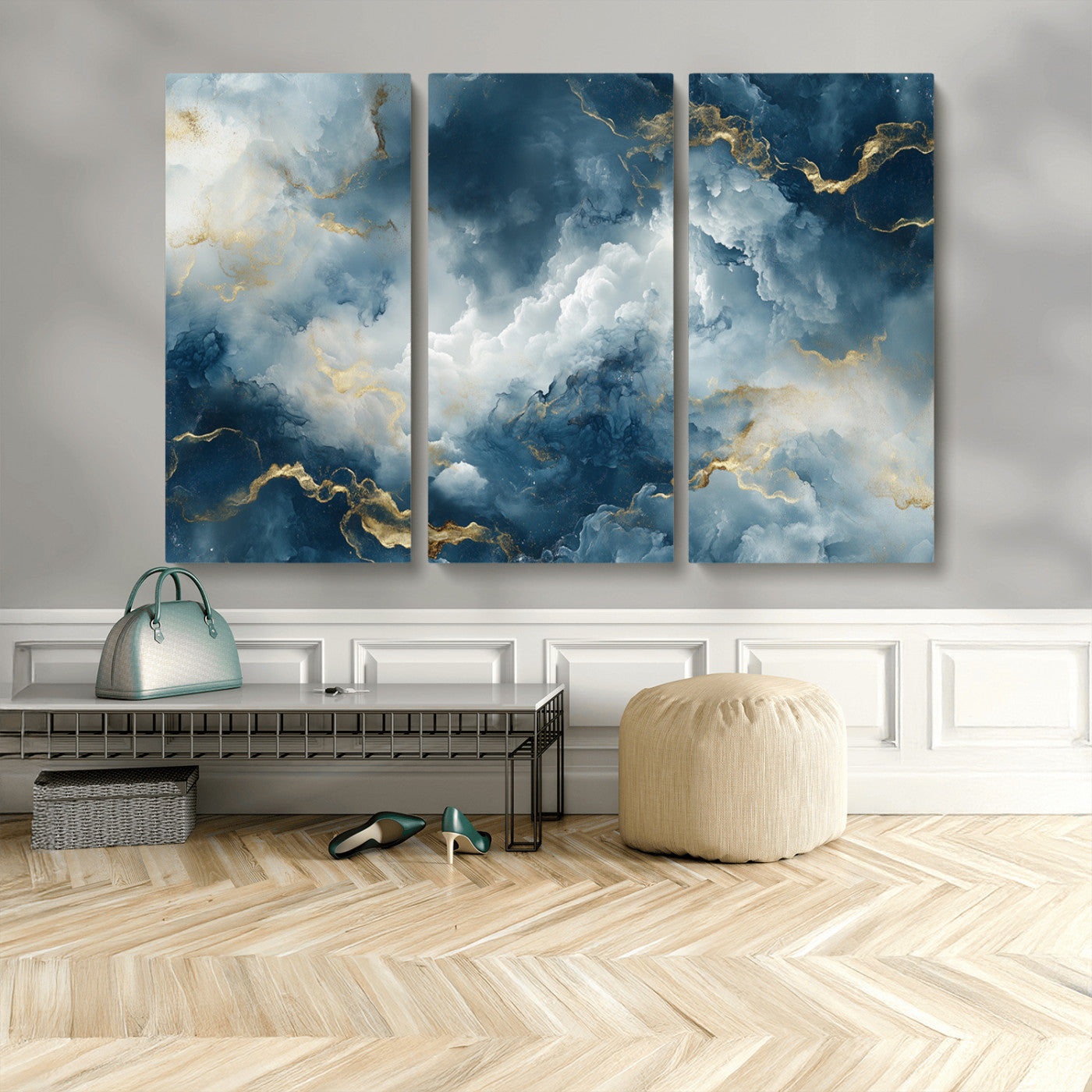 MGV-CV-48X32-3P - Large Abstract Print - Luxe Blue and Gold Abstract Canvas Wall Art - Bold Cloudscape Canvas for