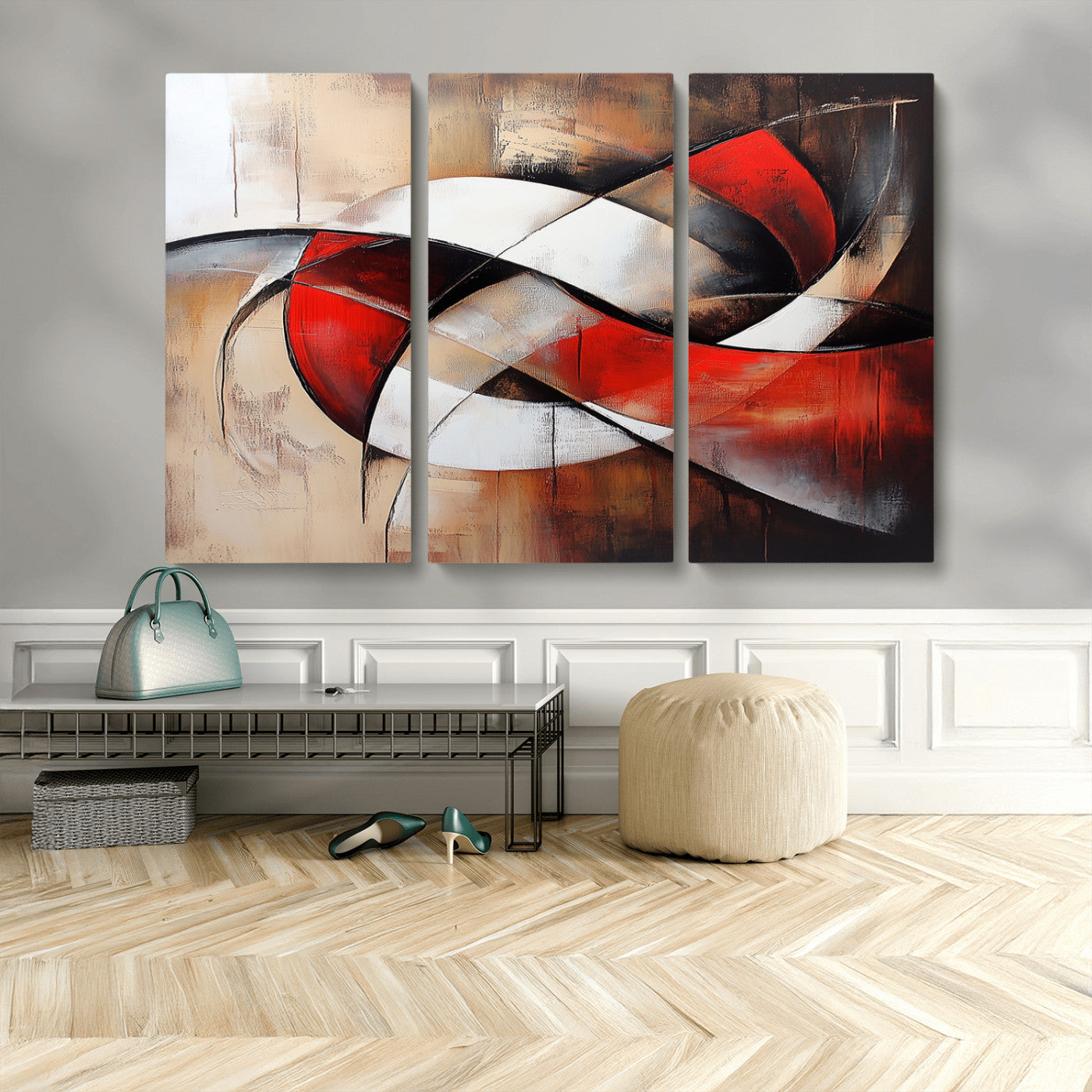 MGV-CV-48X32-3P - Abstract Wall Art - Modern Red and White Canvas Wall Art Print - Bold Geometric Abstract Canvas for