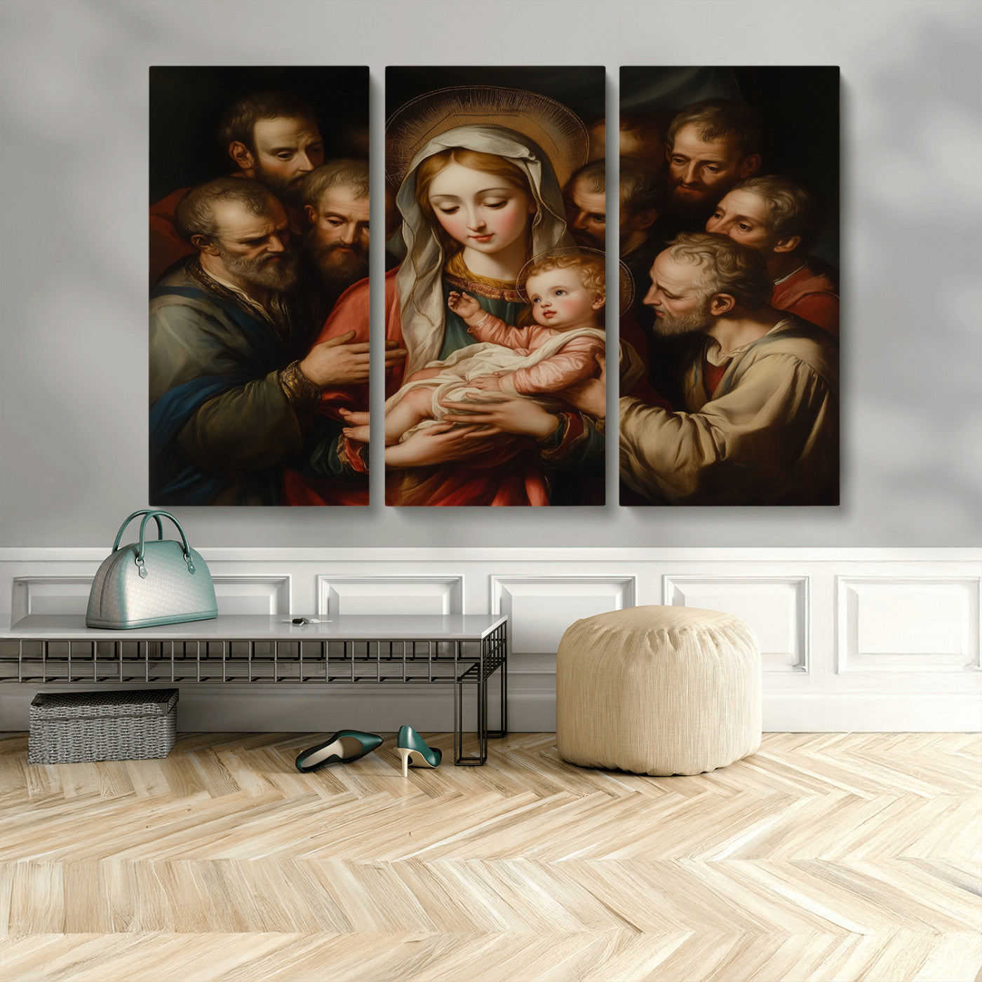 MGV-CV-48X32-3P - Religious Canvas Wall Art Print - Madonna and Child with Apostles Art Print - Classic Christian