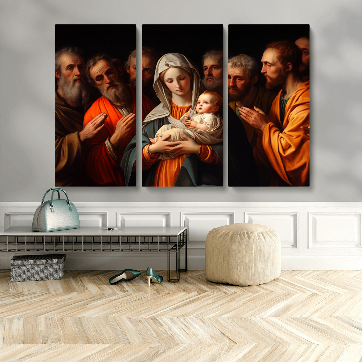 MGV-CV-48X32-3P - Religious Canvas Wall Art Print - Madonna and Child with Apostles Art Print - Classic Christian