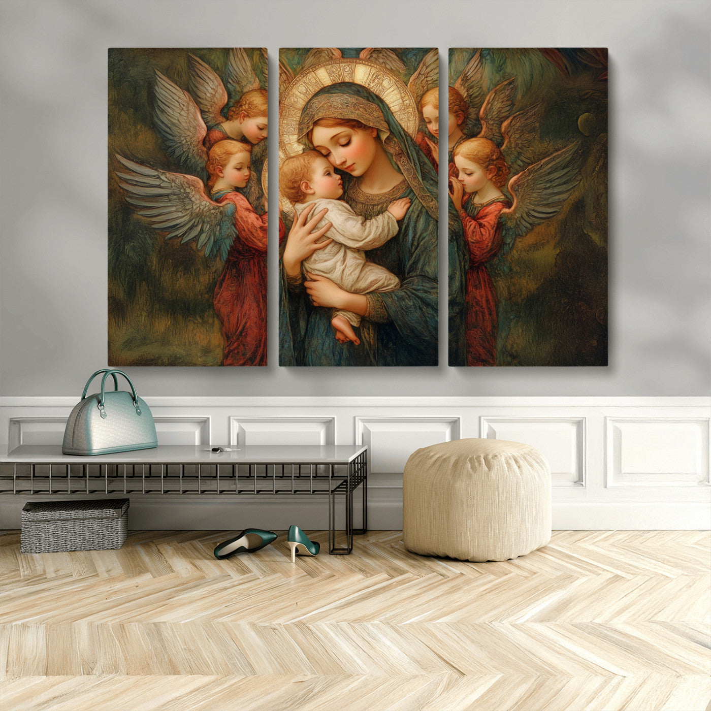 MGV-CV-48X32-3P - Mary Jesus Canvas Wall Art Print - Madonna and Child with Angels Art Print - Classic Christian