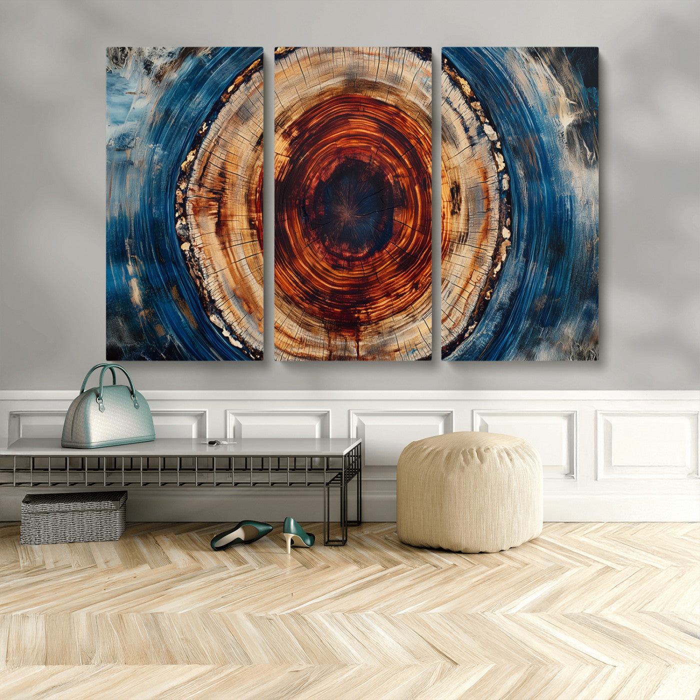 MGV-CV-48X32-3P - Abstract Framed Tree Rings Wall Decor, Wood Grain Rings Artwork Print, Nature Woodland Modern Wall