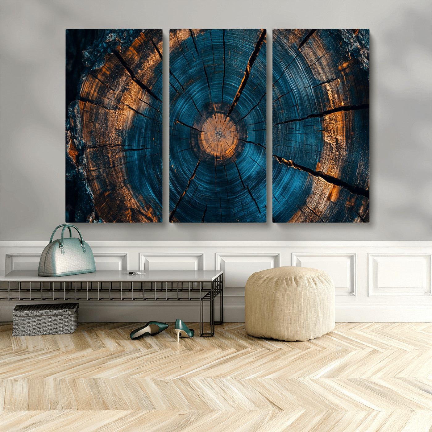 MGV-CV-48X32-3P - Farmhouse Wall Art - Abstract Tree Rings Canvas Wall Art Print, Framed Wood Grain Rings Artwork