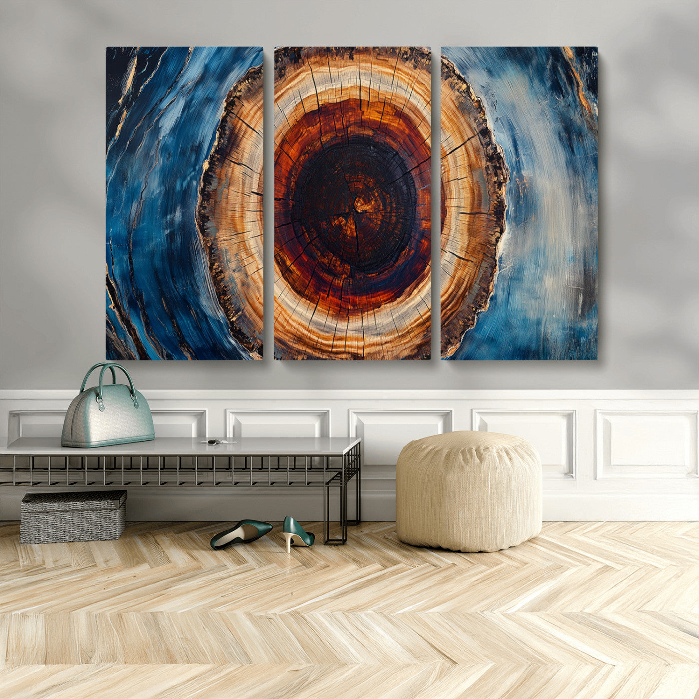 MGV-CV-48X32-3P - Framed Abstract Tree Ring Wall Art Print, Natural Rustic Wood Texture Canvas Print, Wood Tree Stump