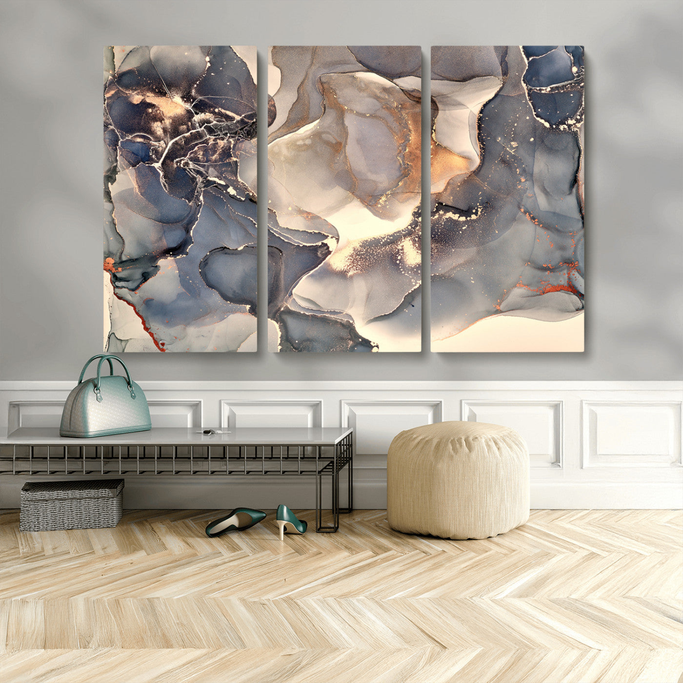 MGV-CV-48X32-3P - Abstract Blue and Gold Wall Art - Fluid Ink Artwork - Modern Luxury Wall Decor for Contemporary