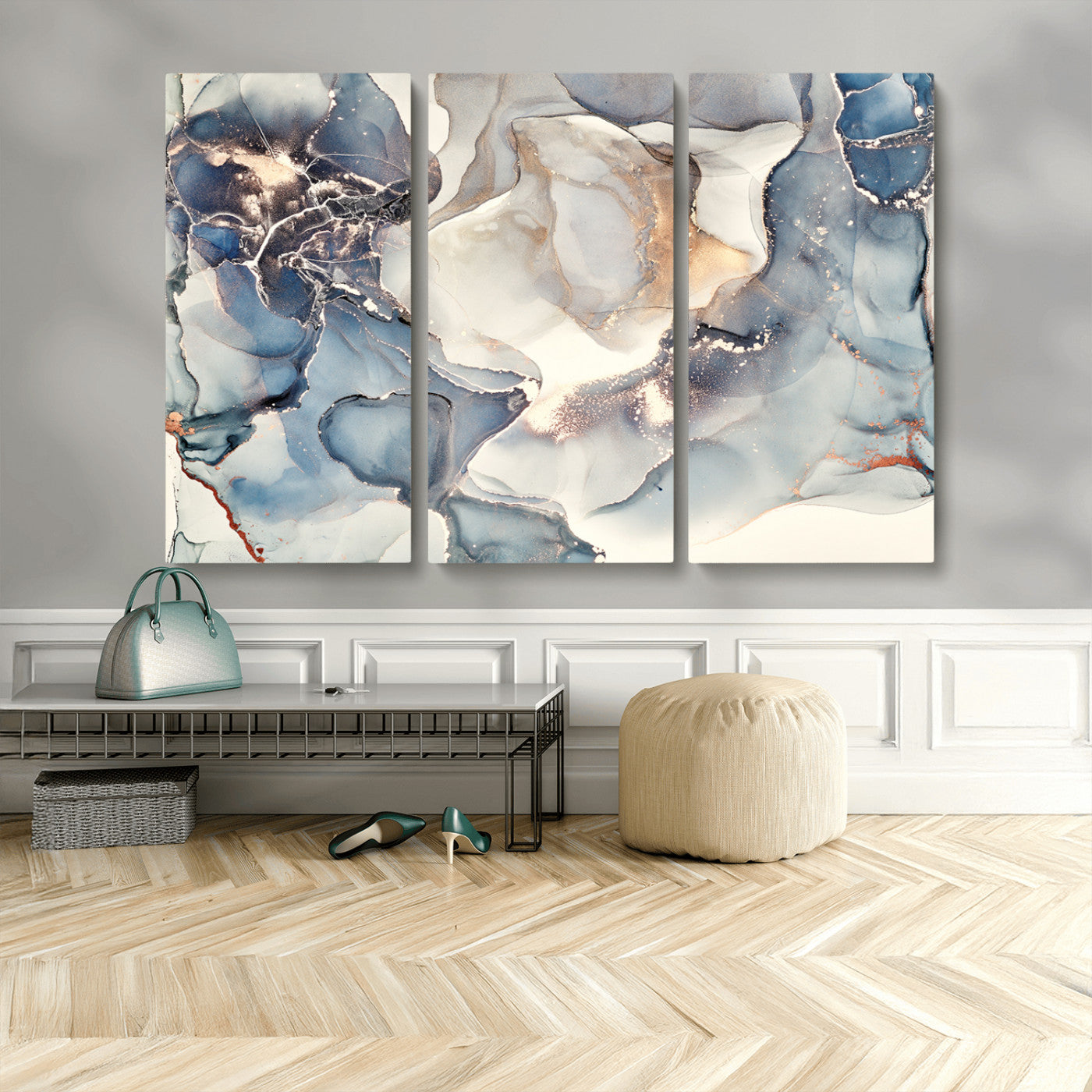 MGV-CV-48X32-3P - Abstract Blue and Gold Canvas Wall Art - Fluid Modern Ink Artwork - Modern Luxury Wall Decor for