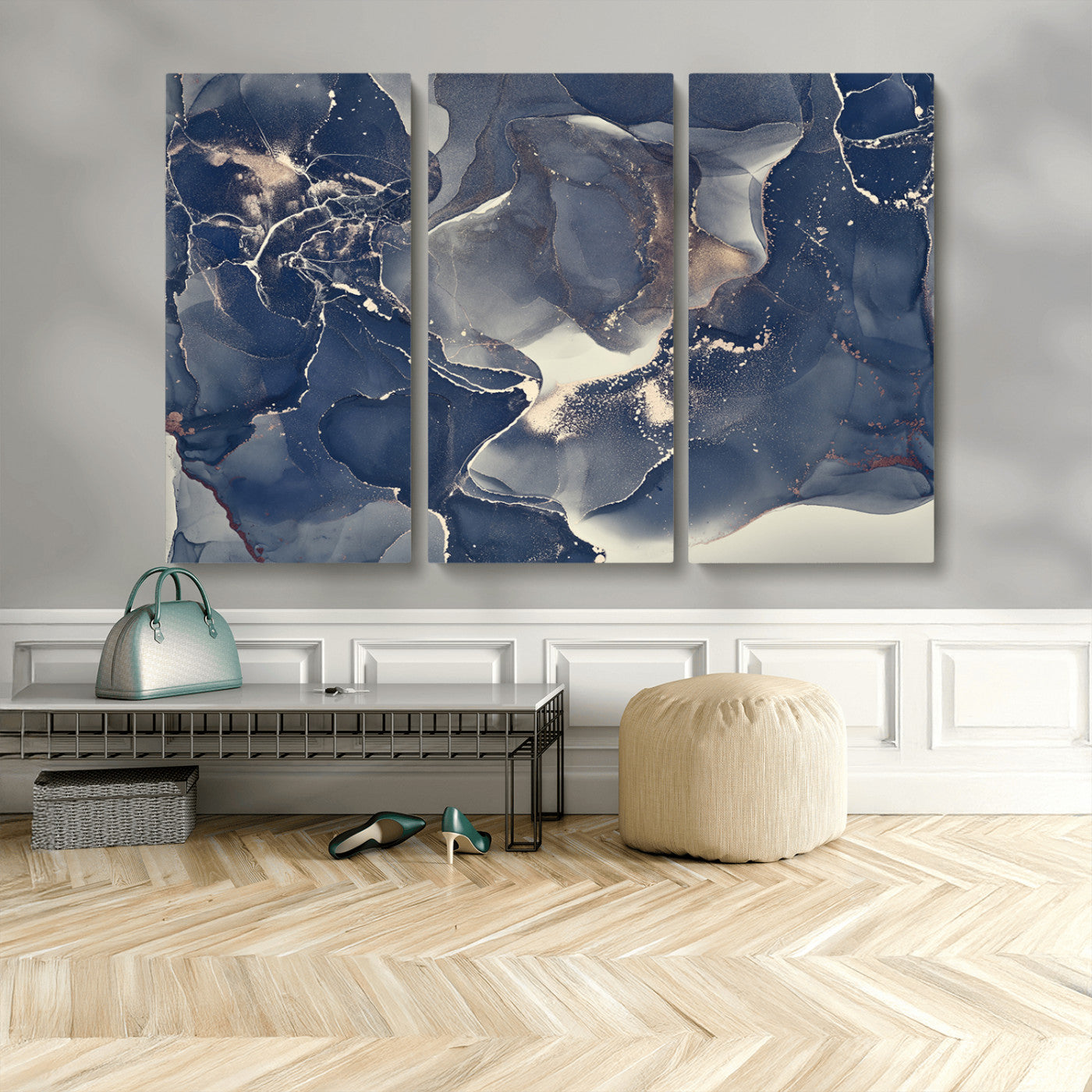 MGV-CV-48X32-3P - Large Abstract Blue and Gold Canvas Wall Art | Fluid Ink Artwork Print | Luxury Wall Decor for