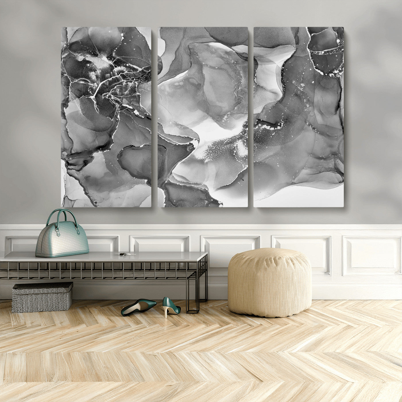 MGV-CV-48X32-3P - Black White Abstract Canvas Wall Art - Fluid Ink Artwork - Modern Luxury Wall Decor for Contemporary