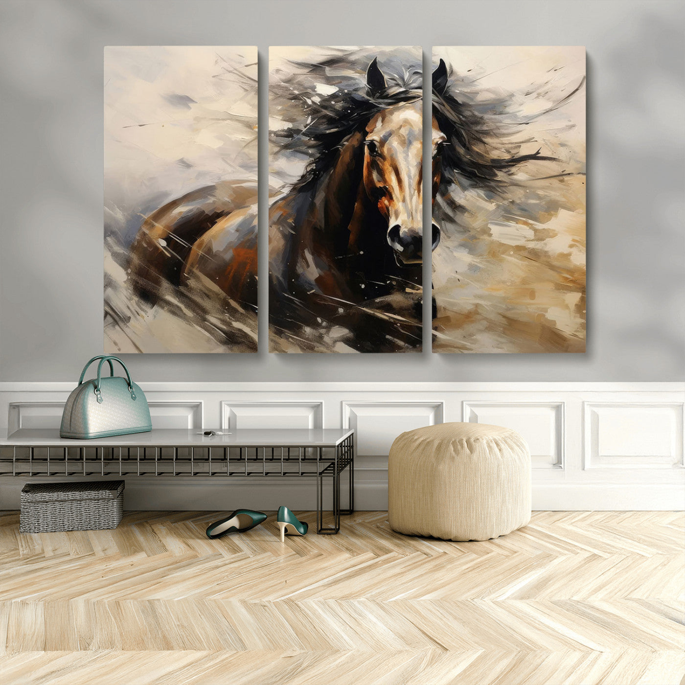 MGV-CV-48X32-3P - Abstract Wall Art Horse Print - Large Western Horse Canvas - Farmhouse Woodland Wall Art - Framed