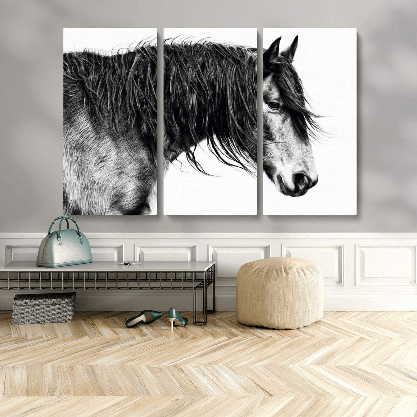 MGV-CV-48X32-3P - Black Horse Wall Art Canvas Print for Farmhouse Decor and Woodland Decoration