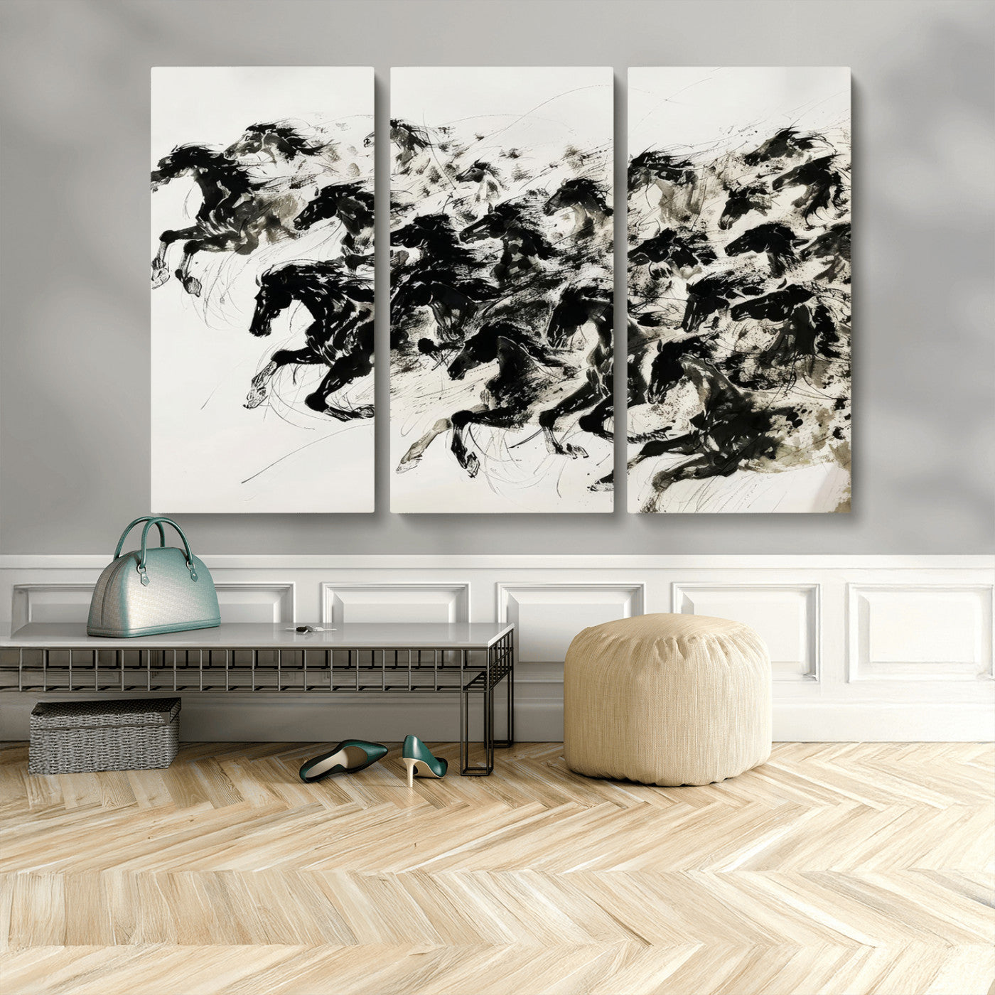 MGV-CV-48X32-3P - Abstract Horse Wall Art Canvas Print - Dynamic Black Ink Horse Print - Modern Equine Wall Decor for