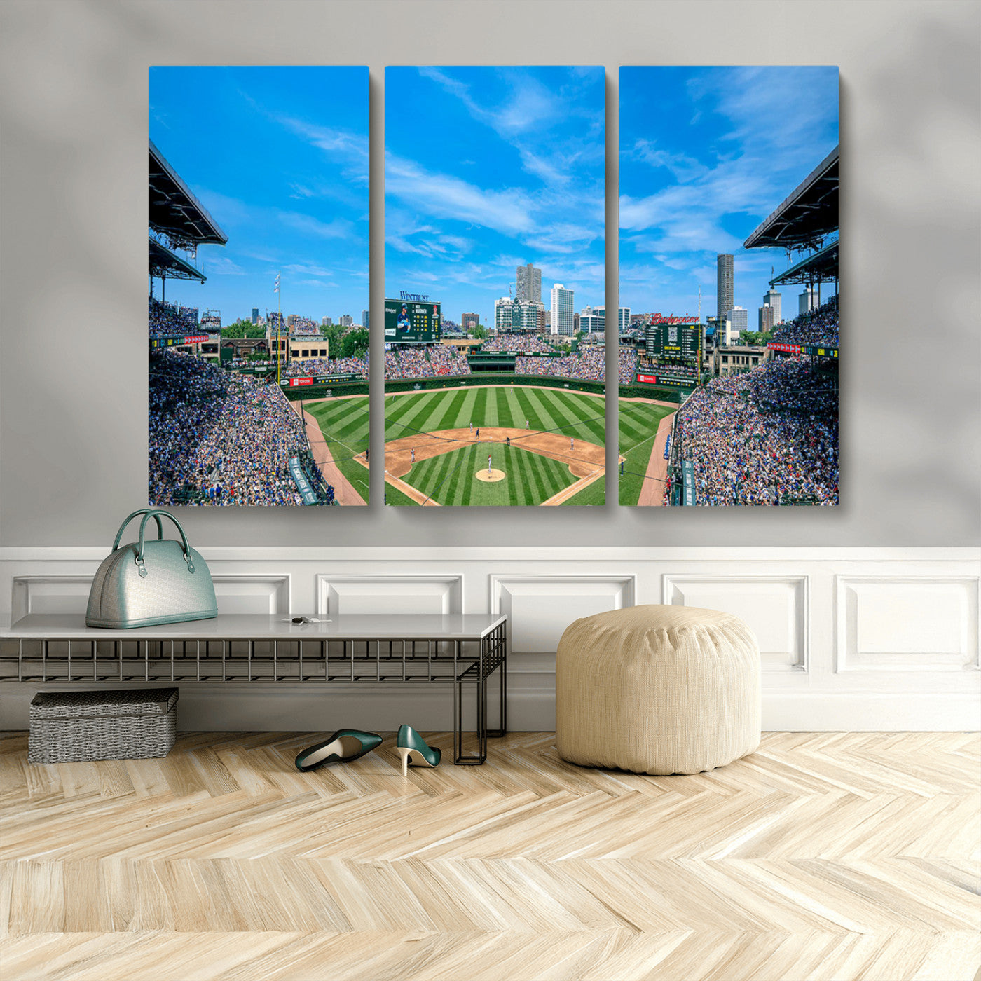 MGV-CV-48X32-3P - Wrigley Field Chicago Cubs Panoramic Art Multi Piece Canvas - Iconic Baseball Stadium Print for