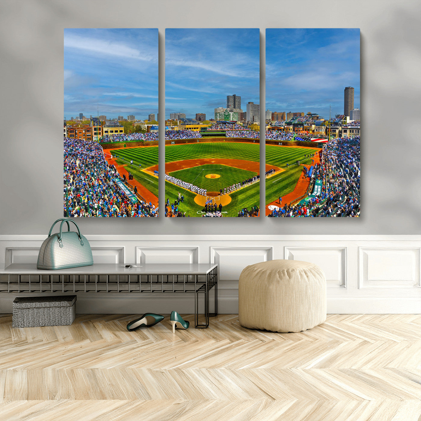 MGV-CV-48X32-3P - Wrigley Field Chicago Cubs Panoramic Multi Piece Canvas Wall Art - Iconic Baseball Stadium Canvas