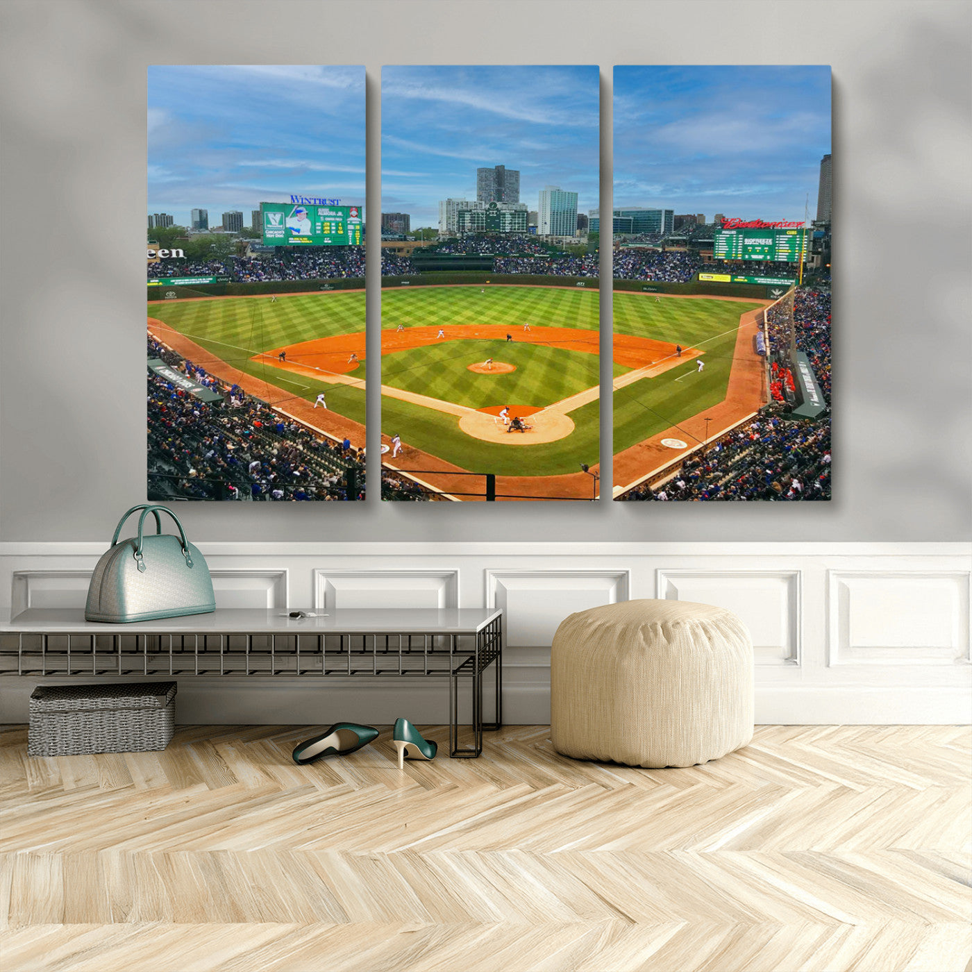 MGV-CV-48X32-3P - Wrigley Field Chicago Cubs Panoramic Multi Piece Canvas Wall Art - Iconic Baseball Stadium Print for