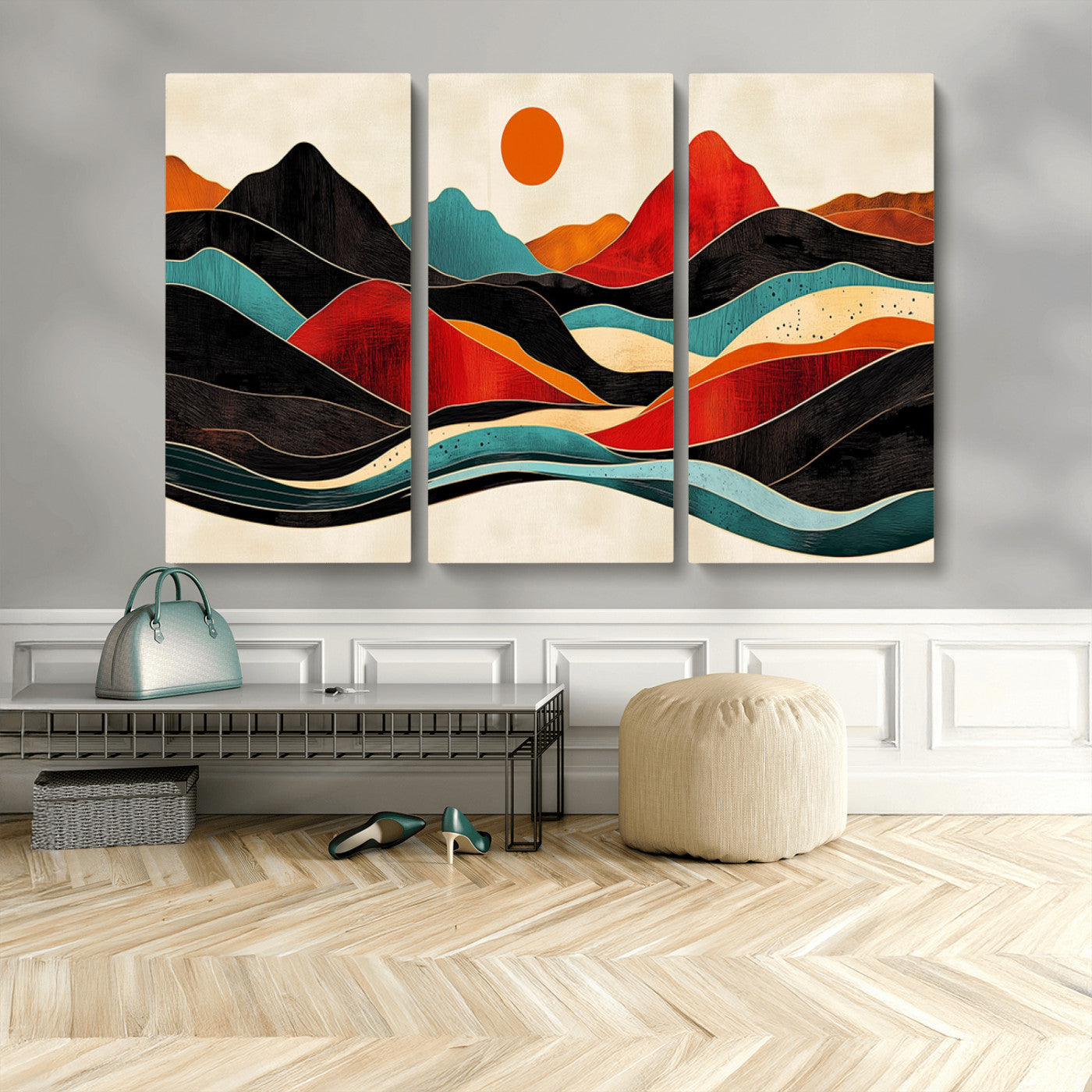 MGV-CV-48X32-3P - Western Wall Decor - Large Triptych Mountain Canvas - Boho Woodland Wall Art Print - Framed
