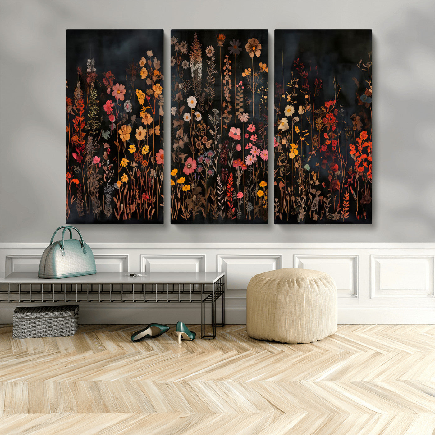 MGV-CV-48X32-3P - Dark Floral Canvas Wall Art - Moody Botanical Flower Print - Rustic Floral Wall Decor for Home -