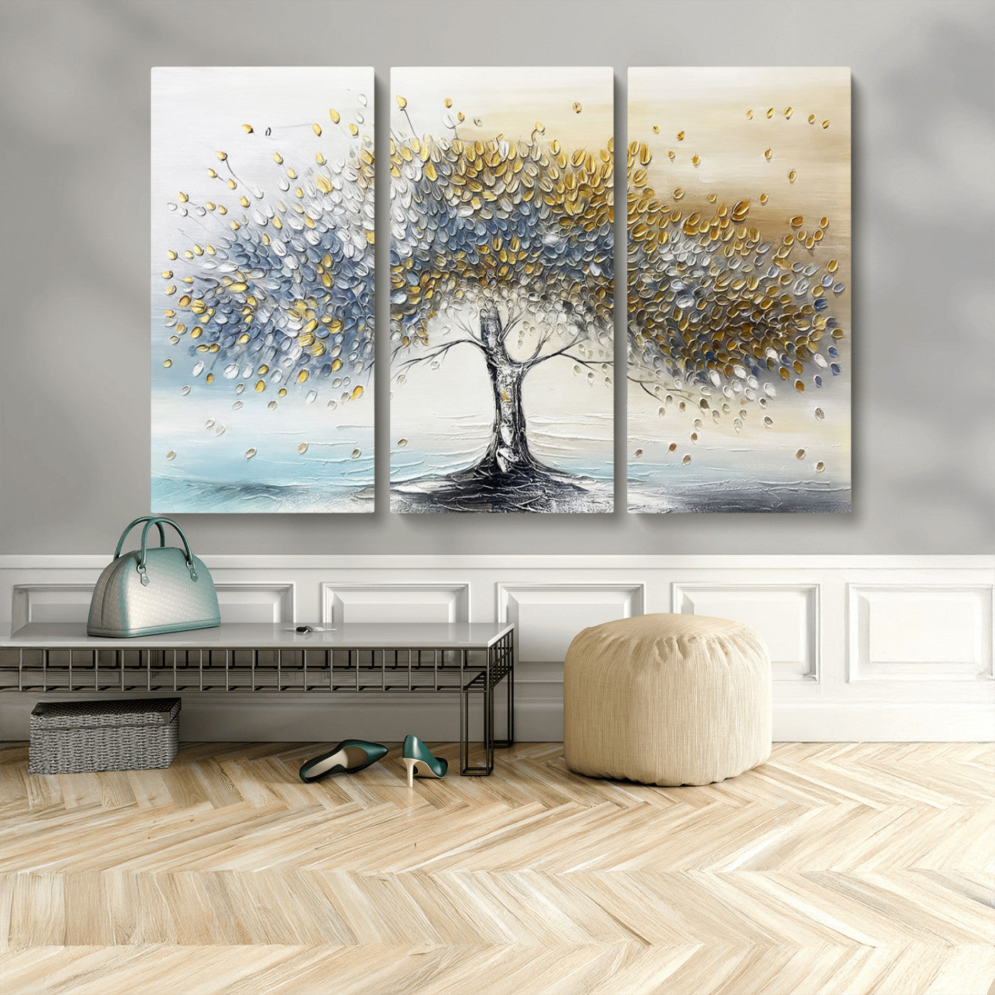 An elegant impasto painting featuring a tree with shimmering silver and gold leaves, blending soft pastels to create a calm and sophisticated atmosphere.