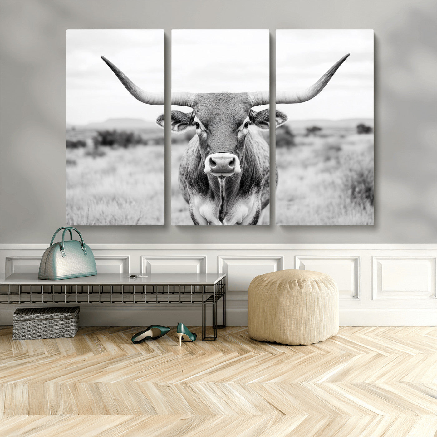 MGV-CV-48X32-3P - Highland Cow Wall Art Print - Black and White Texas Western Longhorn Canvas - Farmhouse Decor Print